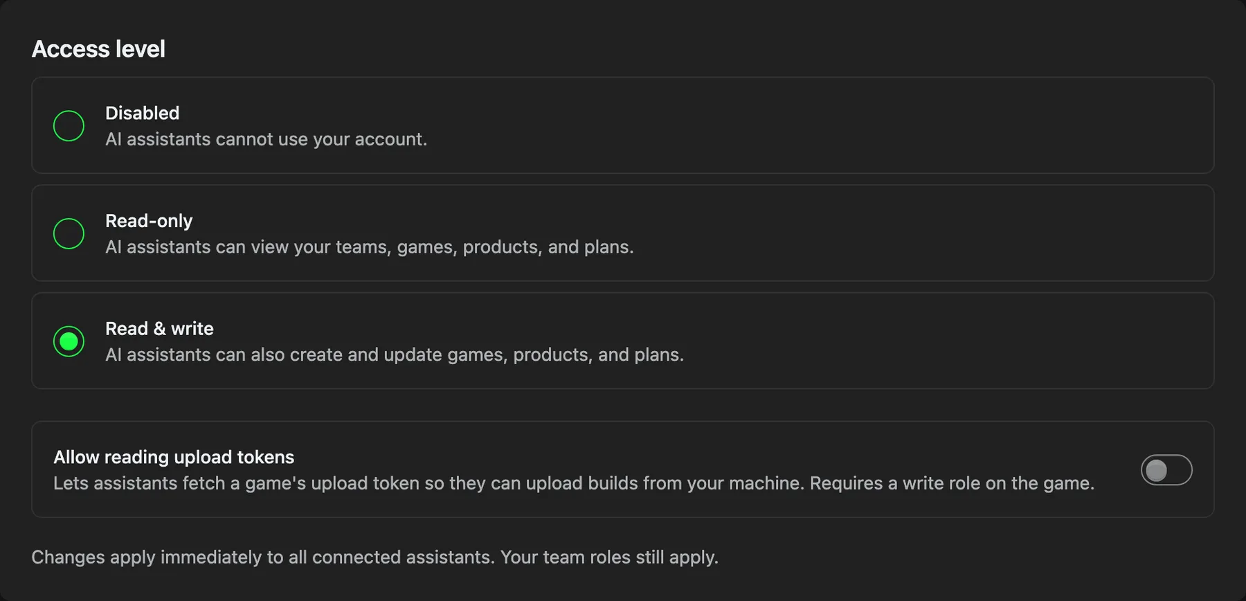 Access level options: Disabled, Read-only, Read & write, and the uploads toggle