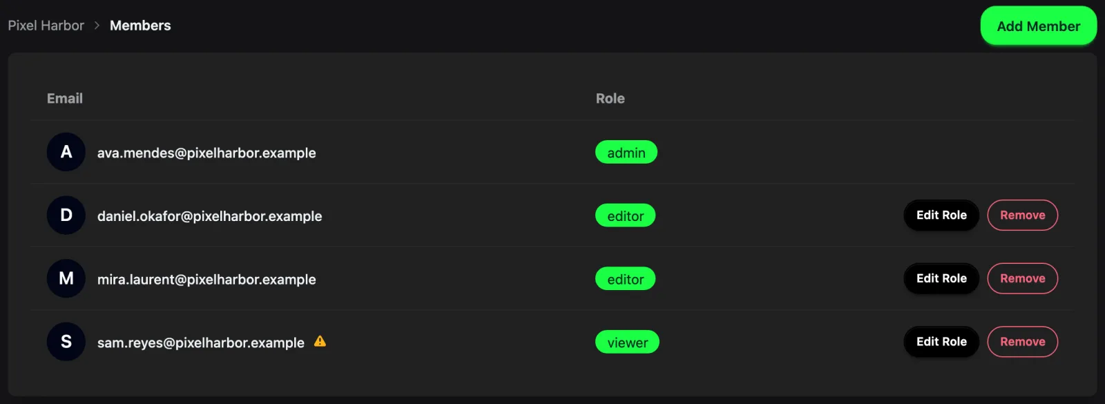 The Members page listing four team members with their email addresses and admin, editor, and viewer role badges